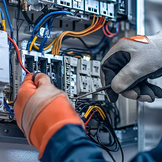 Technicien câblant un panneau de commande